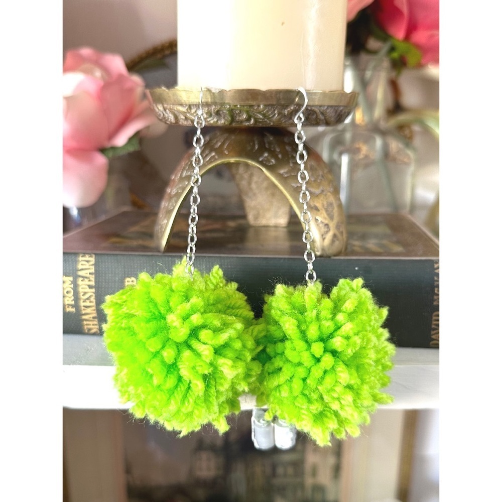 Lime green Pom Pom earrings